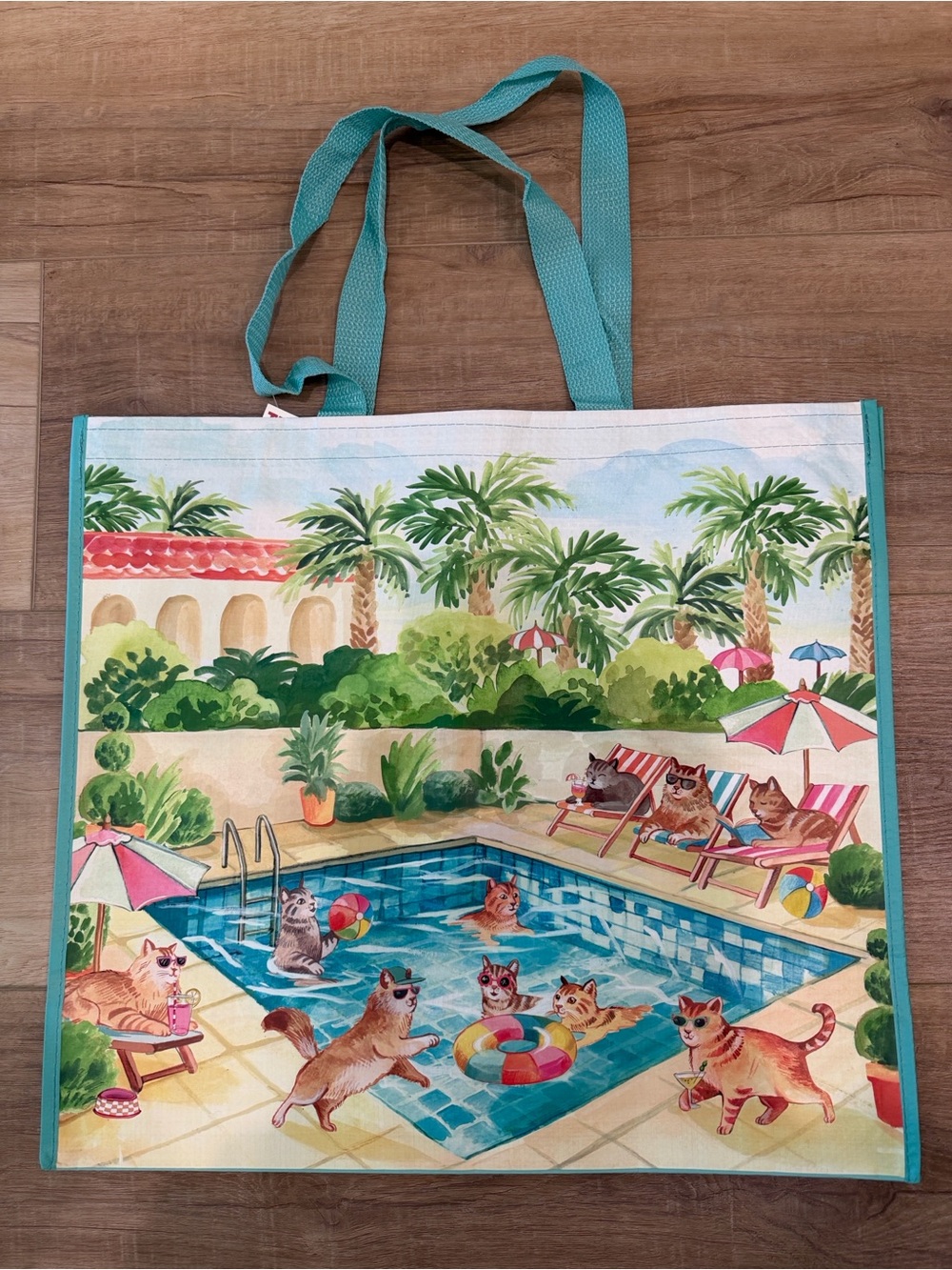 Cat pool vacation reusable tote bag